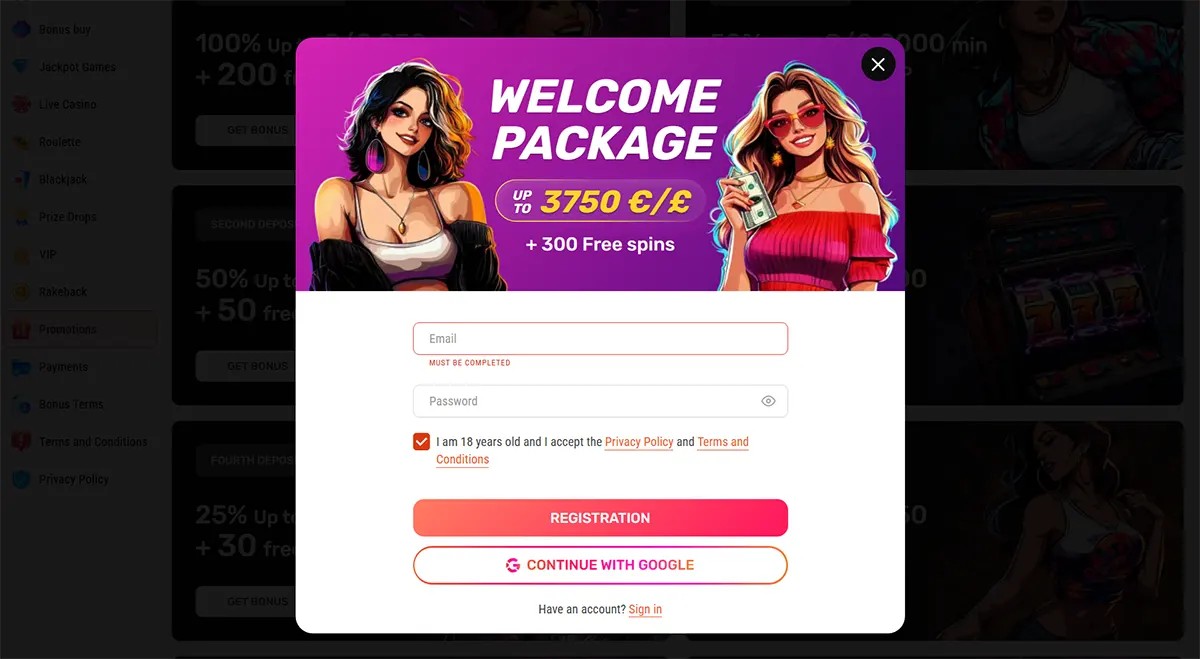 Registration pop-up with “Welcome Package” banner showing two illustrated women and an offer “Up to 3750 €/£ + 300 free spins,” plus email/password fields, 18+ terms checkbox, “Registration” button, and “Continue with Google” option.