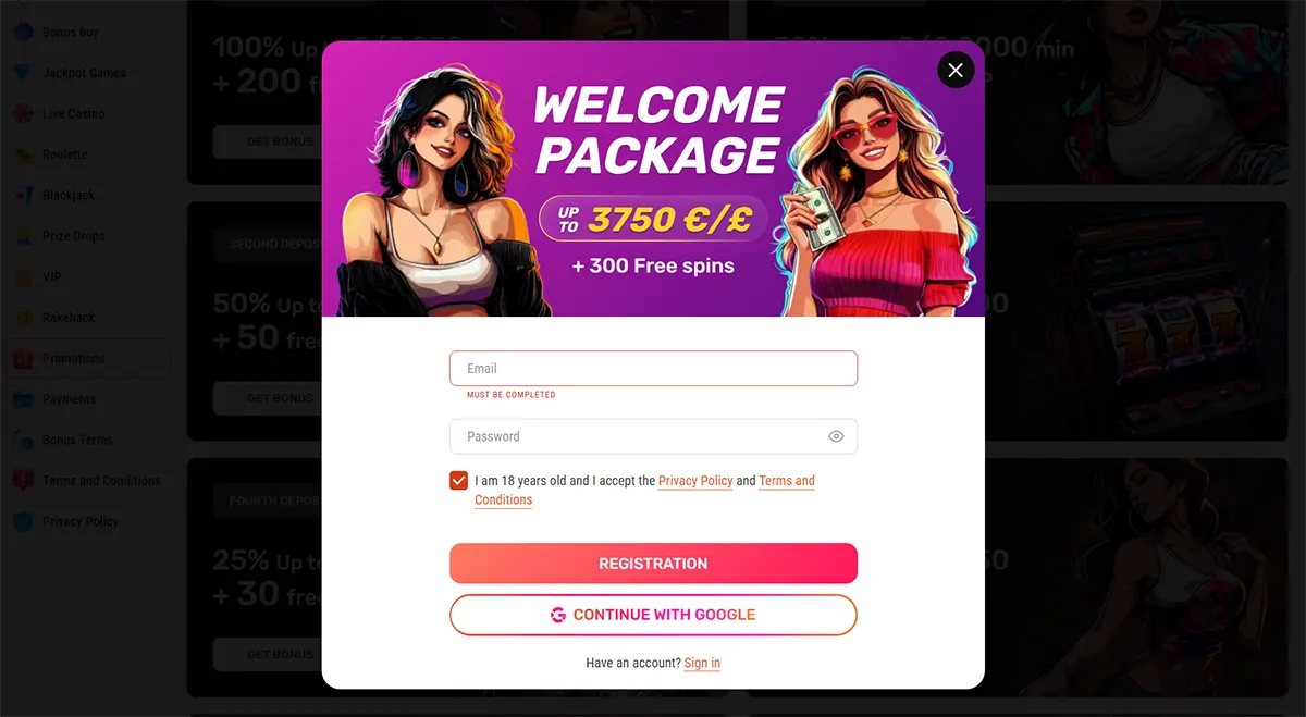 Registration pop-up with “Welcome Package” banner showing two illustrated women and an offer “Up to 3750 €/£ + 300 free spins,” plus email/password fields, 18+ terms checkbox, “Registration” button, and “Continue with Google” option.